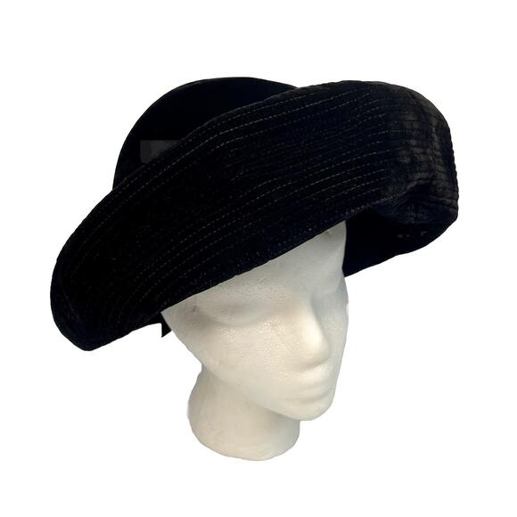Vintage Patricia Velvet Large Rolled Brim Black Hat Grosgrain Ribbon Size 22 - Picture 6 of 10